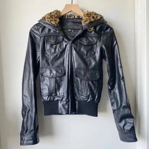 Obey | Black Vegan Leather Hooded Bomber Jacket